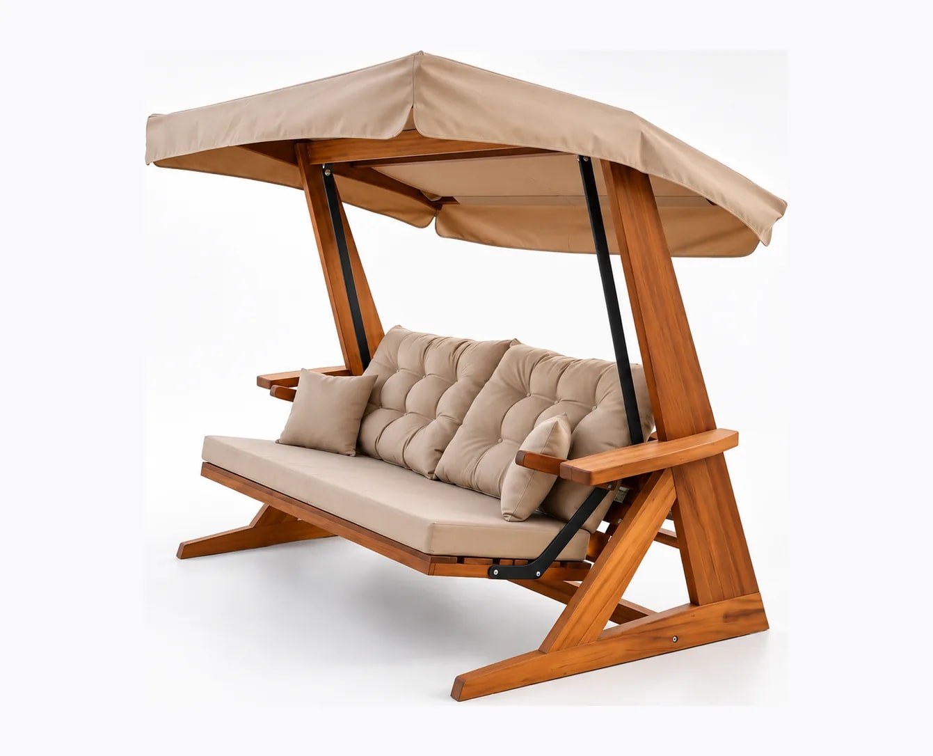 Iroko-framed Mihenk 2400 — mustard cushions, studio three-quarter view showing the grain (digital staging)