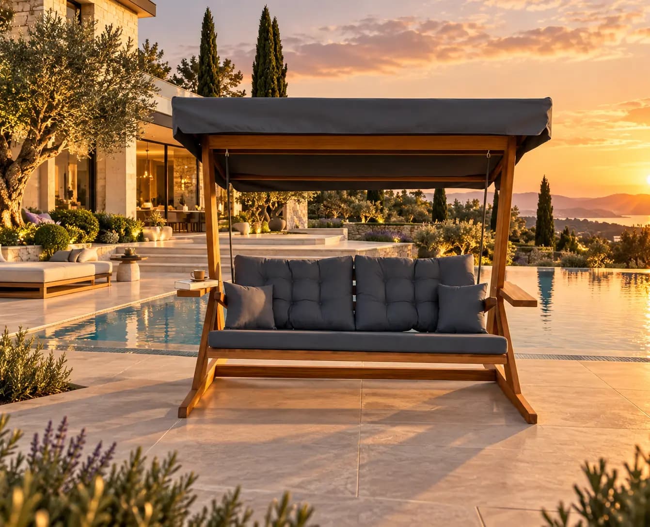 Mihenk 2400 on poolside stone paving at sunset, anthracite cushion (digital staging)