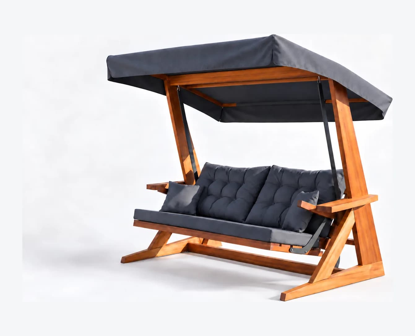 Mihenk 2400 iroko garden swing with canopy — anthracite cushions, three-quarter view, studio (digital staging)