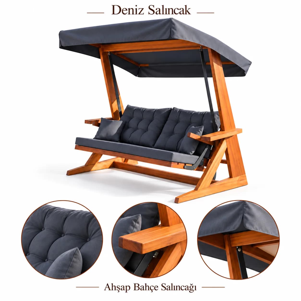 Mihenk 2400 detail collage — anthracite tufted cushion, iroko armrest and canopy corner joint, studio (digital staging)