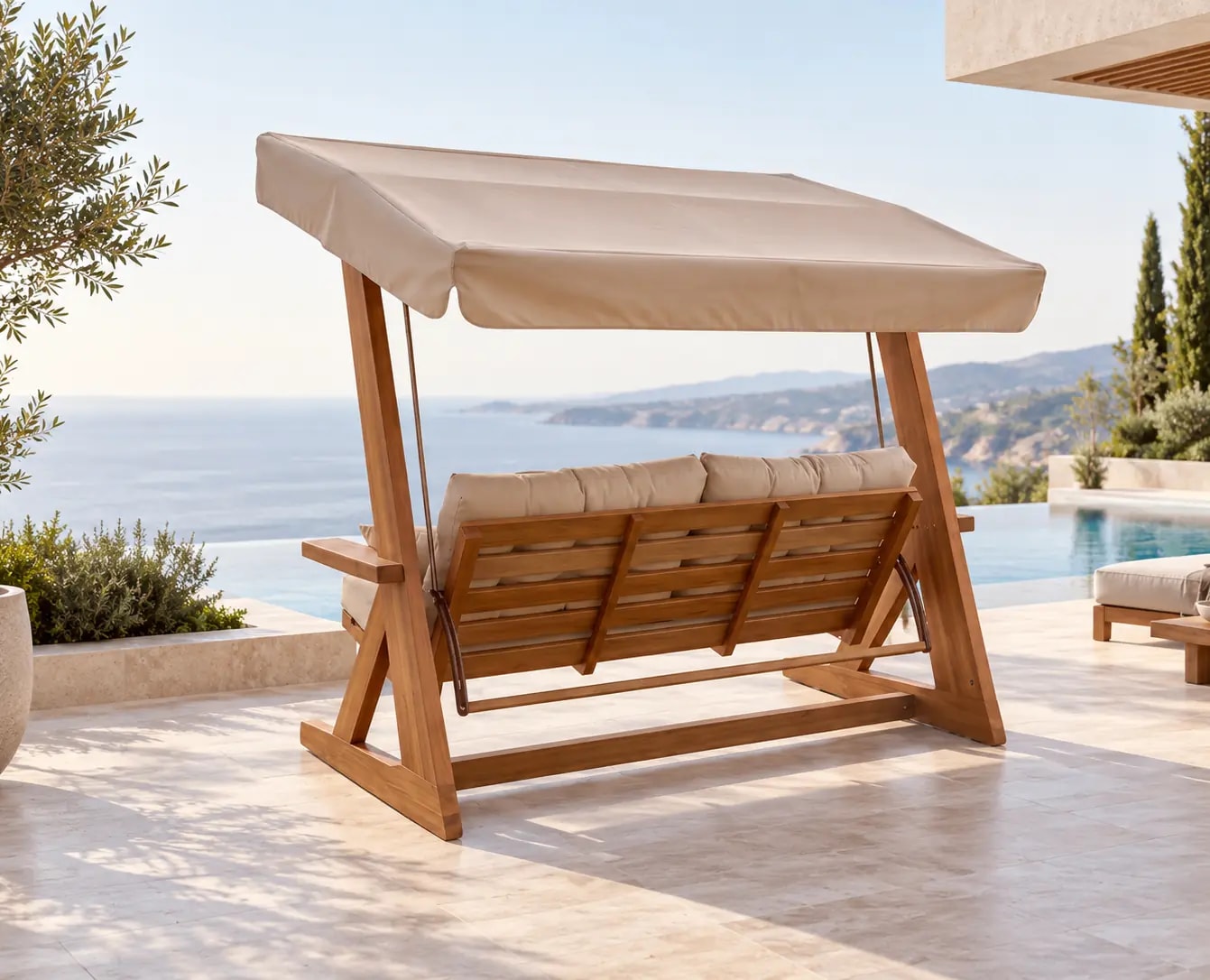 Mihenk 2400 from behind in a garden — Iroko back slats and oiled surface; care guide image (digital staging)