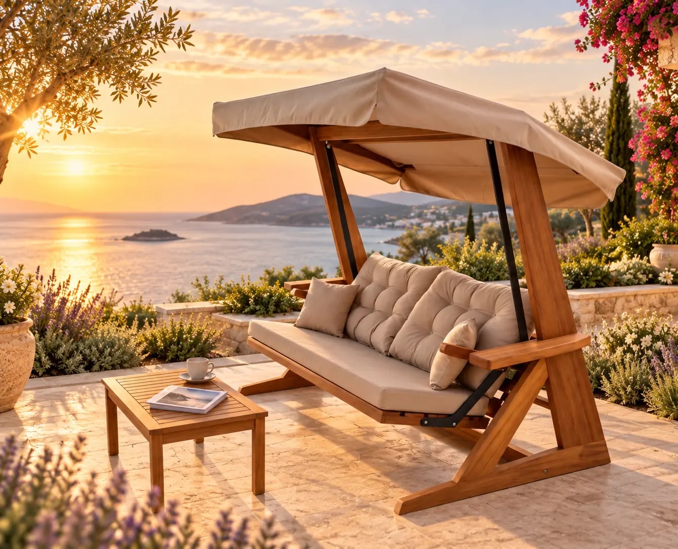 Mihenk 2400 terrace scene at sunset; buying guide image (digital staging)