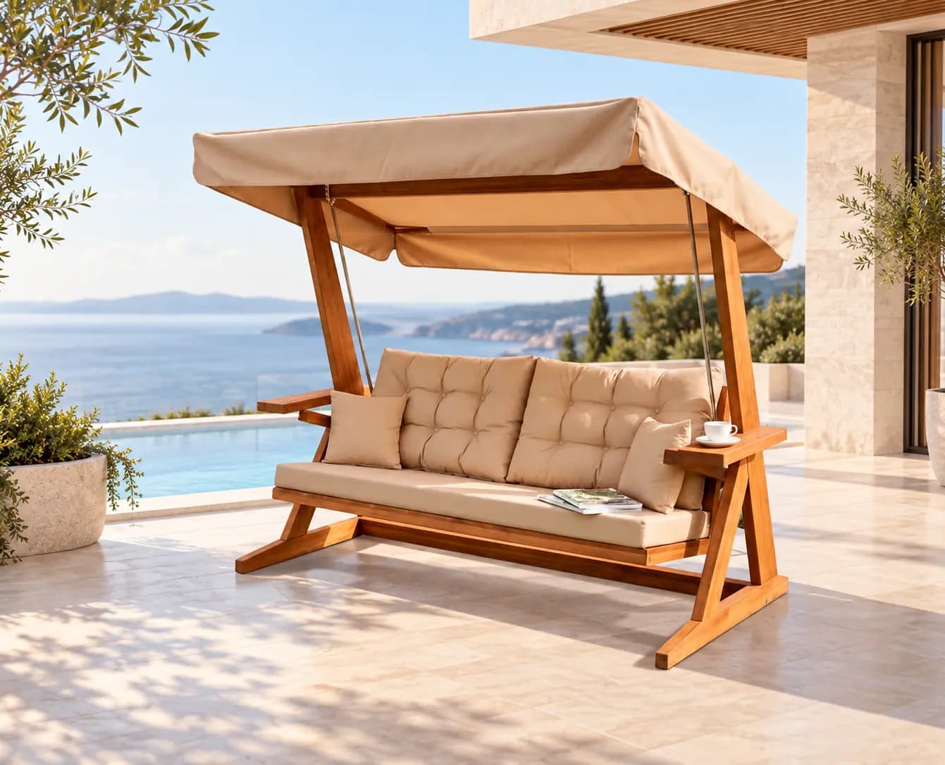 Mihenk 2400 solid iroko swing by the pool on a sea-view terrace, mustard cushion (digital staging)