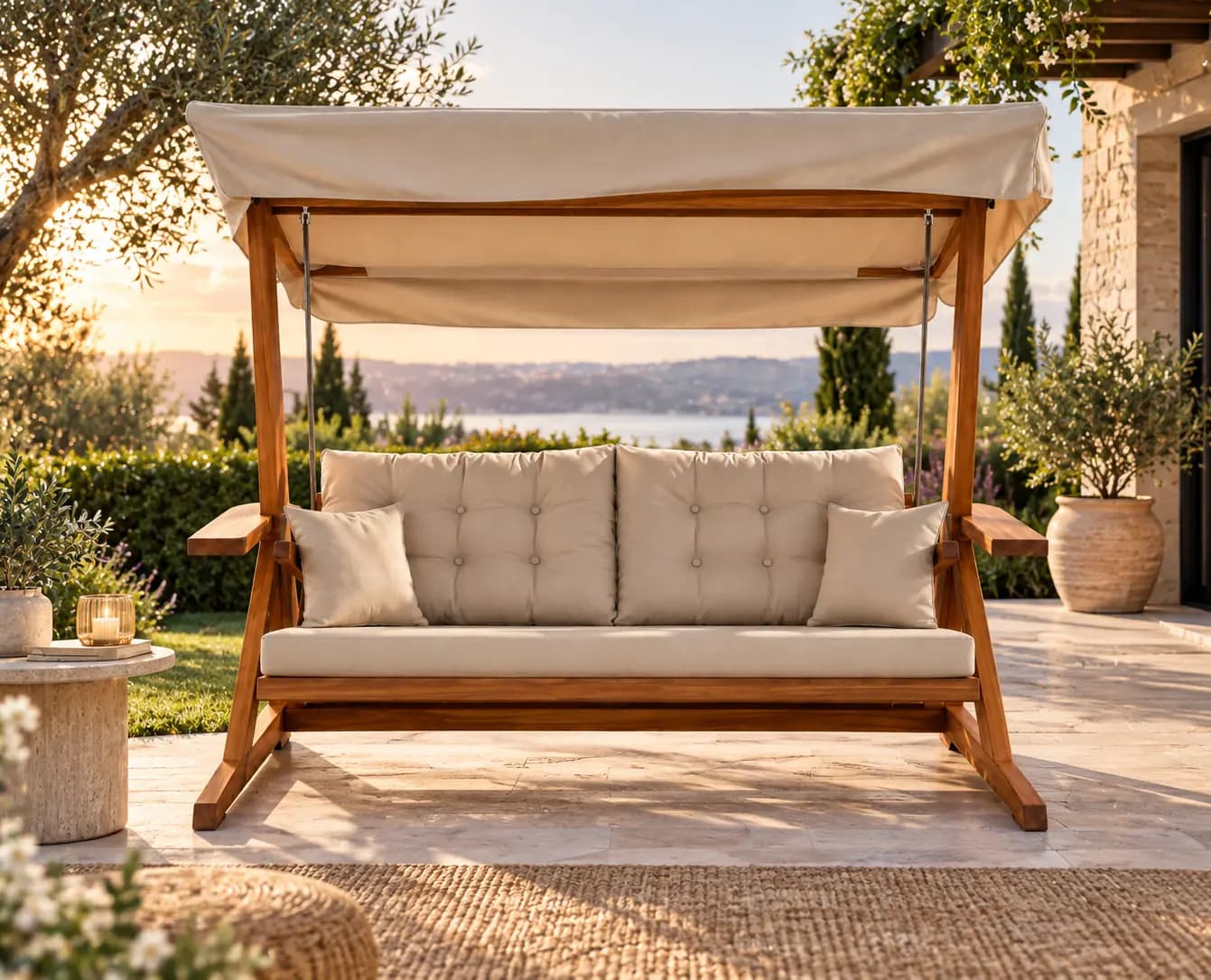 Mihenk 2400 solid Iroko garden swing, mustard cushions, front view in a garden