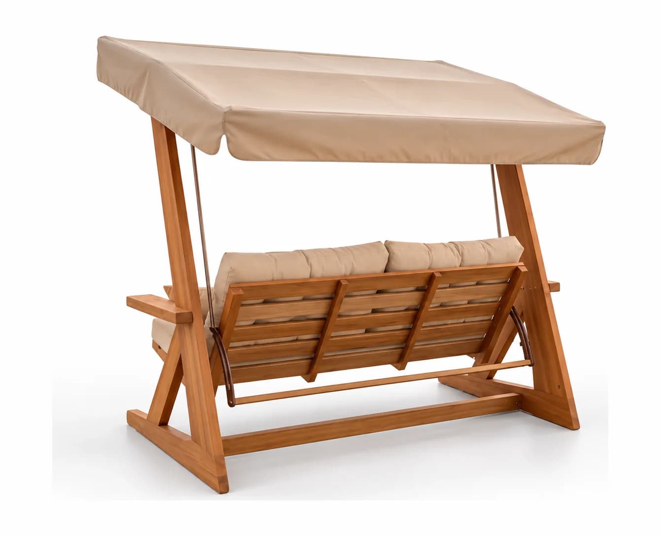 Mihenk 2400 solid iroko swing from behind — mustard cushions, iroko back slats and support frame, studio (digital staging)