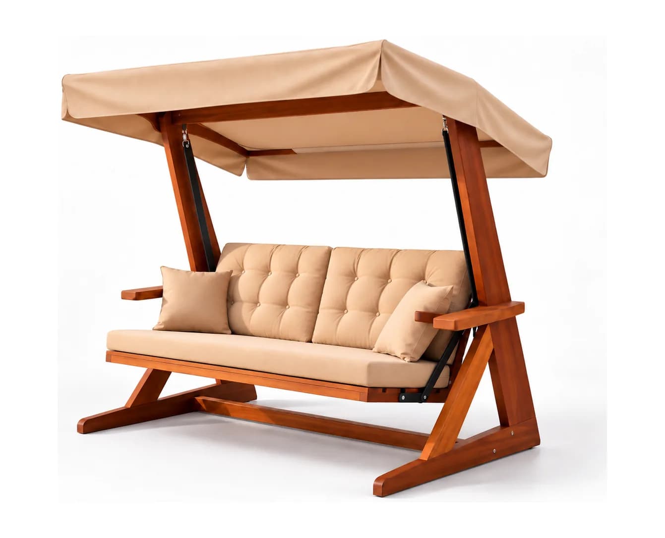 Mihenk 2400 iroko garden swing with canopy — mustard cushions, close three-quarter view, studio (digital staging)