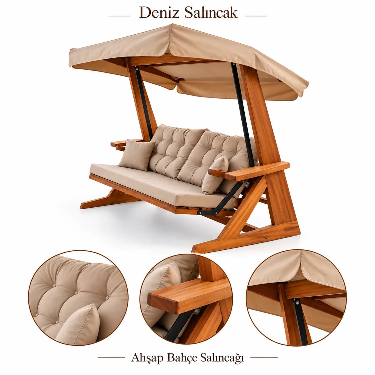 Mihenk 2400 detail collage — mustard tufted cushion, iroko armrest and canopy corner joint, studio (digital staging)