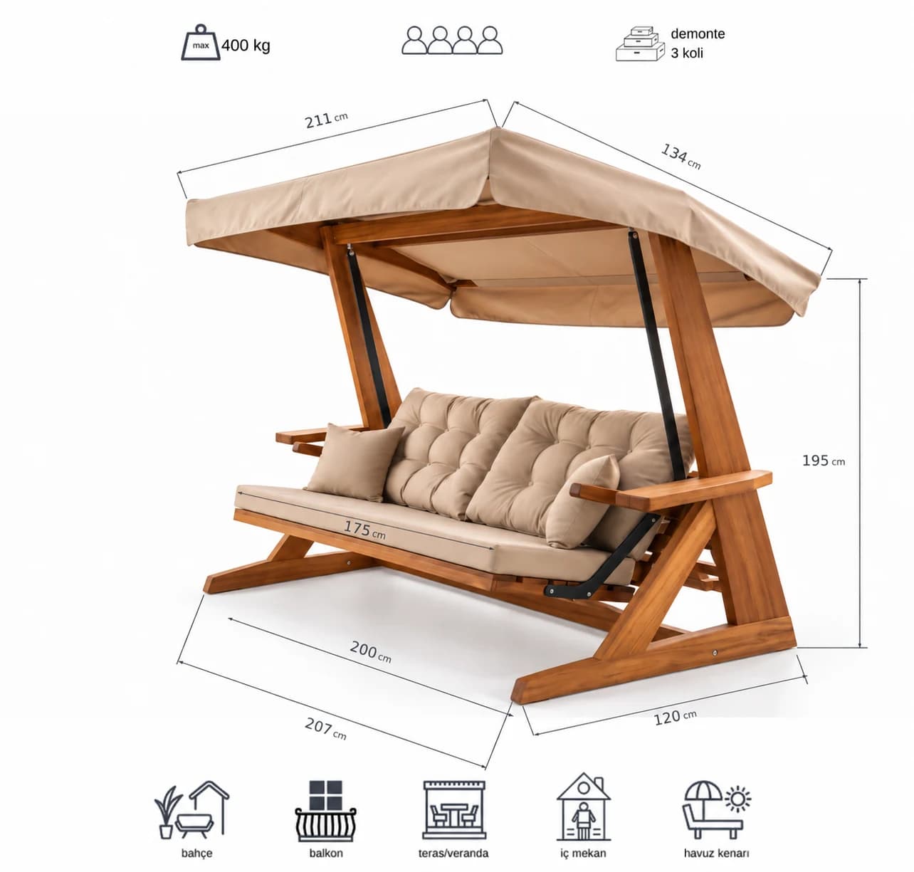 Mihenk 2400 technical drawing — canopy 211 × 134 cm, base 207 × 120 cm, height 195 cm, seat 175 cm